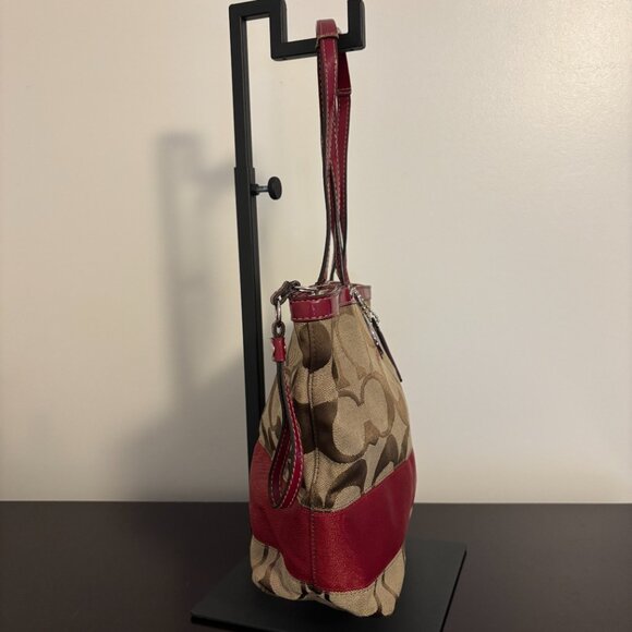 Coach Signature Khaki Red Stripe Red Patent Leather Medium Tote - Picture 2 of 11